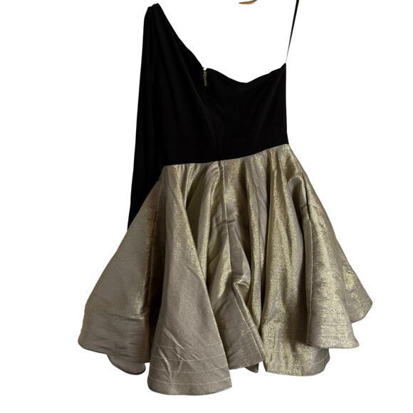 black and gold petite dresses Irresistible IR7603 Black Gold Cream Print One Shoulder Occasion Dress –  Rouge Boutique Inverness